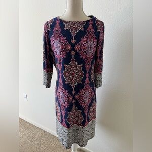 London Times Navy Shift Dress with Pink and Cream Medallion Print